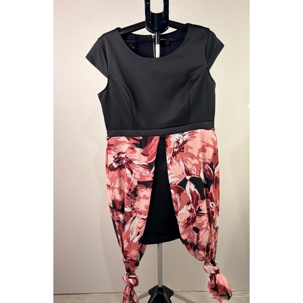 Sami & Jo‎ Womens XL Black Pink Floral Cap Sleeve Draped Overlay Sheath Dress